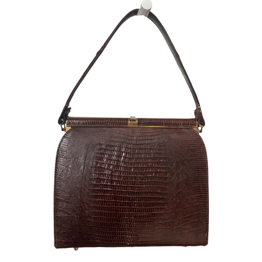 1950s Oxblood Lizard Embossed Top Handle Kiss Lock Purse - Picture 2 of 16